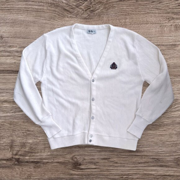 Vintage IZOD Crest Logo White Knit Cardigan Sweater Preppy Collegiate Ivy League - Picture 1 of 5